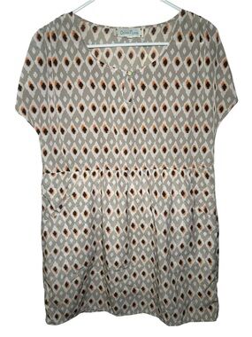 Criss Cross Beige Patterned Short Sleeve Women's Top Small Boho Country Aztec